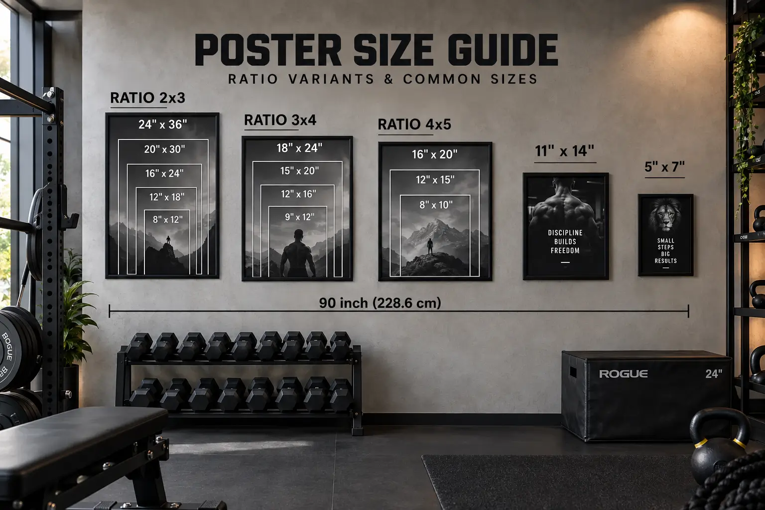 Poster size guide showing 2:3, 3:4, 4:5, 11 by 14, and 5 by 7 formats